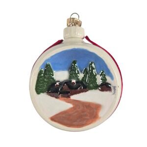 Vintage Duncan Ceramics Hand Painted Christmas‎ Ball Ornament Winter Cabin Scene